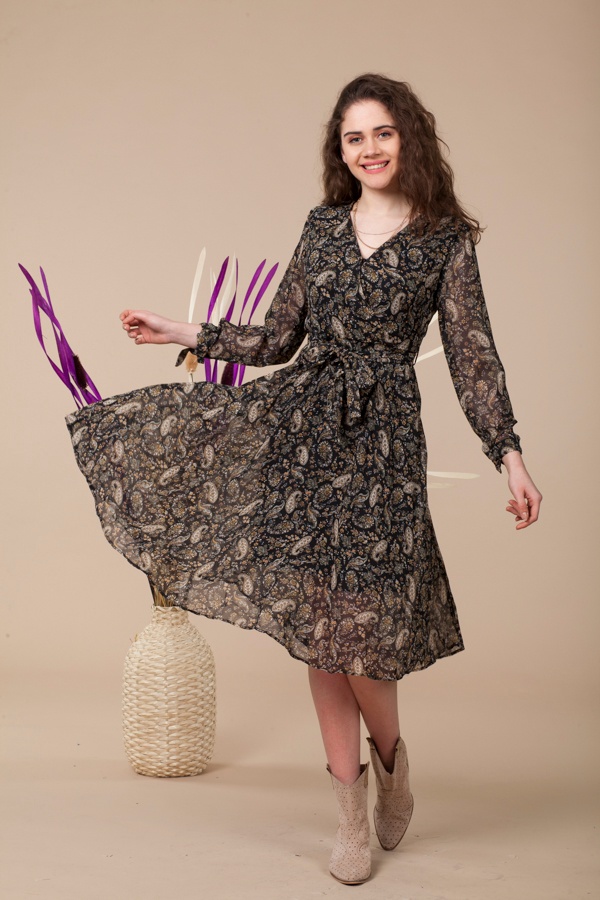 Şal Desen Siyah Kruvaze Astarlı Elbise1